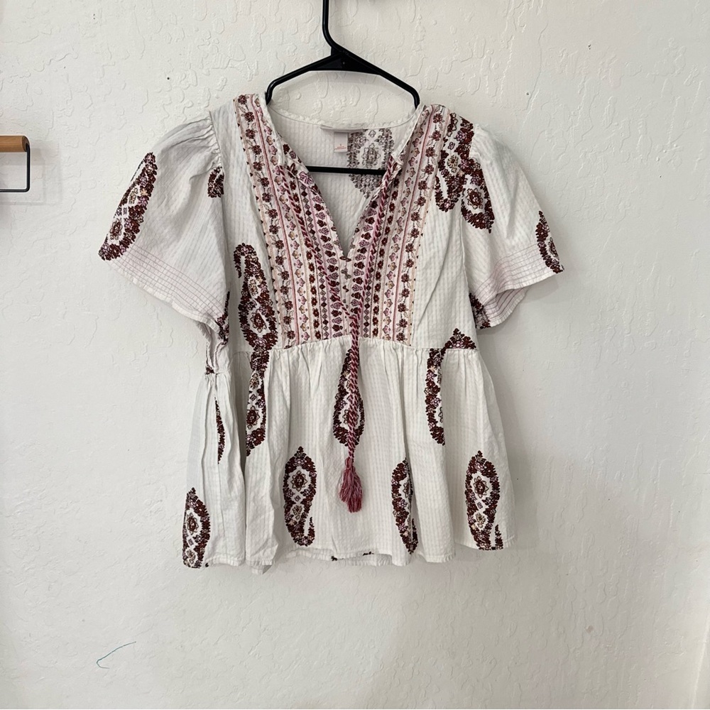 Knox Rose White Paisley Print Flutter Sleeve Tassel Boho Blouse S - Picture 6 of 6